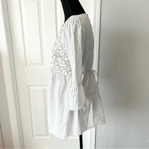 Isabel Maternity Floral Embroidery Pinstripes Bell  Sleeves Top - Picture 2 of 15